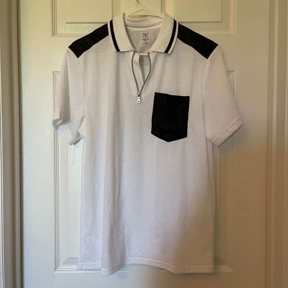 Men's Collared Shirt size M INC leather white & black